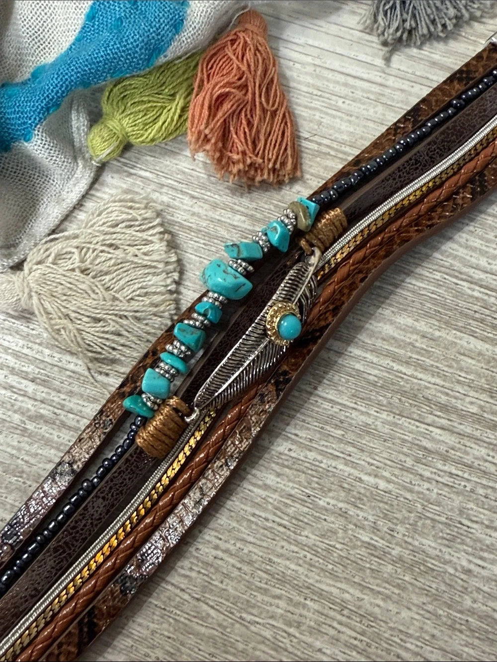 NWT Boho Turquoise Feather Multi-Layer Bracelet - Brown & Turquoise